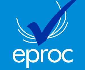 Logo eproc sobre fundo azul com tique branco